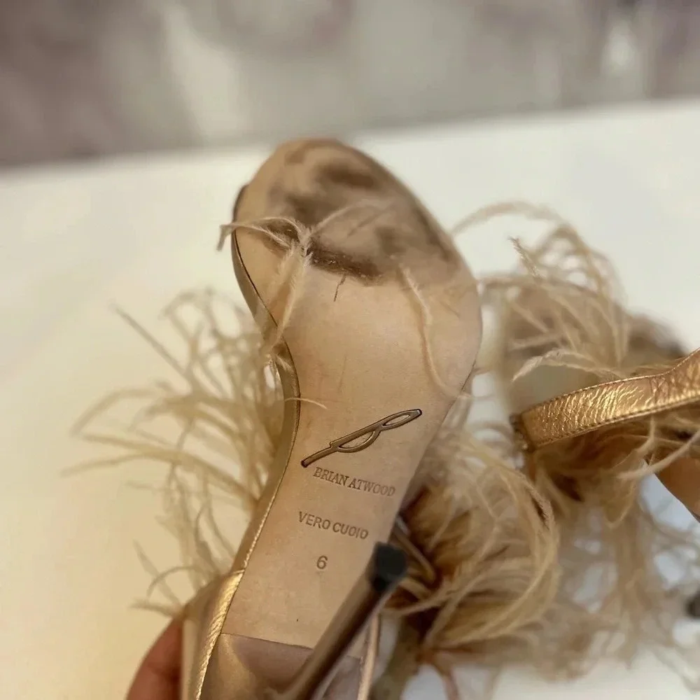 ! B Brian Atwood Laracca Feather Rose Gold Bronze Metallic Sandals 6! - Picture 7 of 9